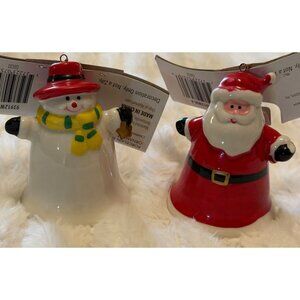 Set of 2 Holiday Time Porcelain Bell Santa and Snowman Ornaments 3.5" Tall